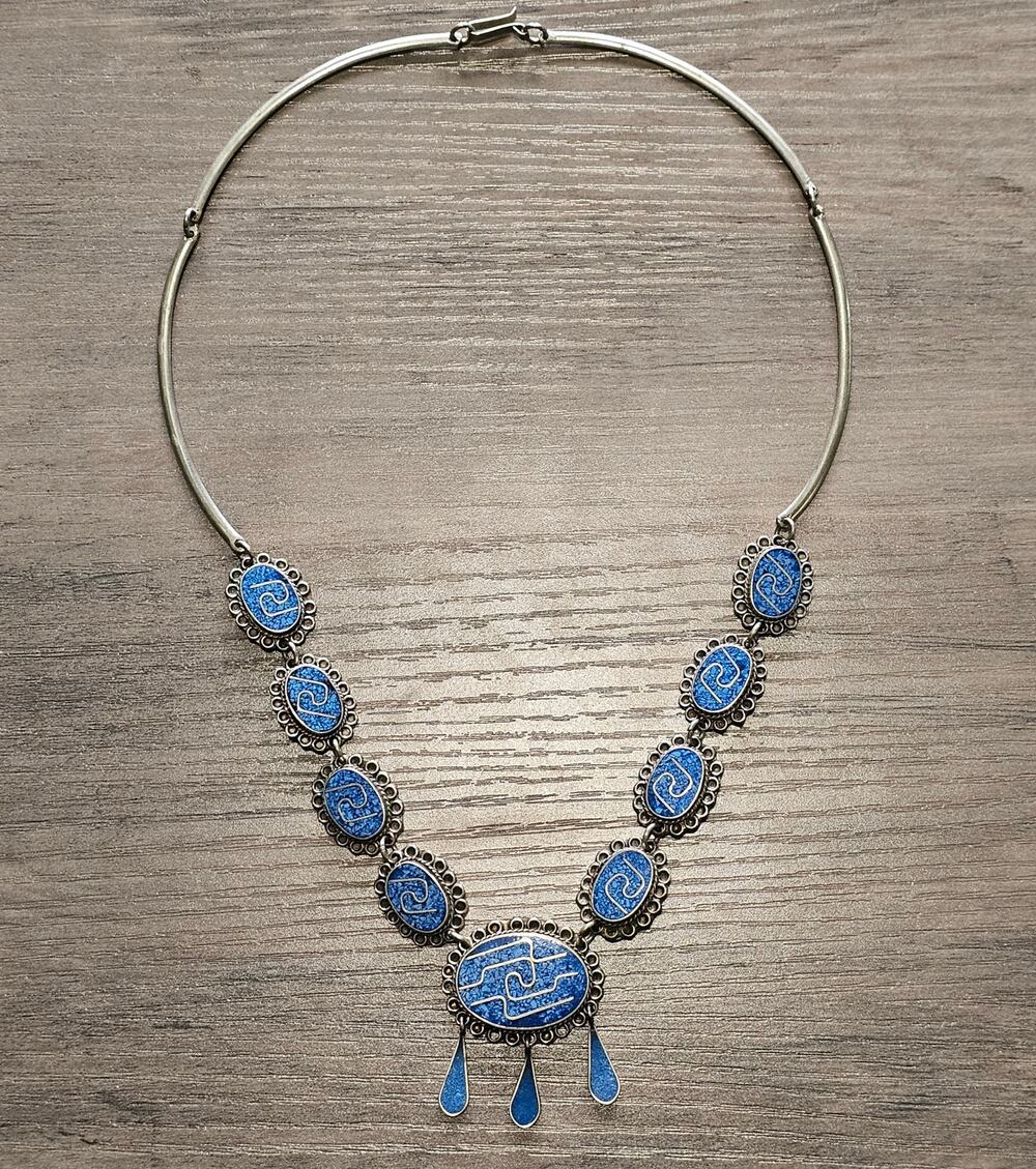Vintage Alpaca Silver & Crushed Blue Stone Chain Link Dangle Statement Necklace